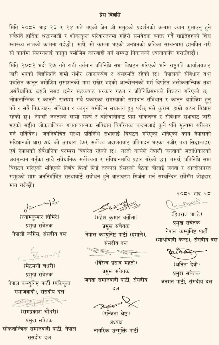 Eight Political Parties Object to House Dissolution Announcement- Nepal