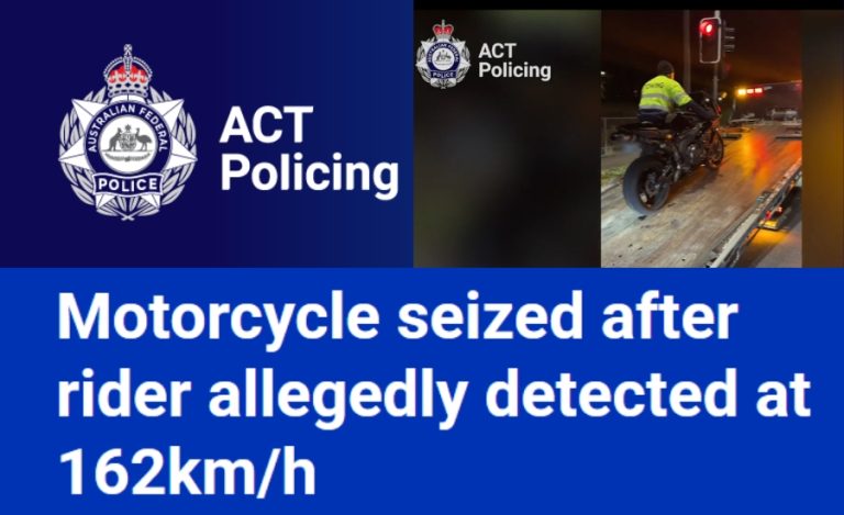 Motorcycle Seized After Alleged 162km/h Speeding in an 80km/h zone in Canberra